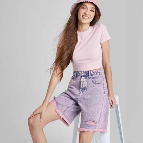Wild Fable womens High Rise Bermuda Denim Acid Wash Pink Size 0 NWT - Picture 2 of 16